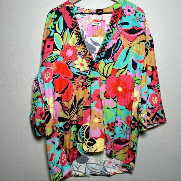 Tru Luxe Women Top 2X Plus Size Linen Floral Coastal Preppy Popover‎ V-Neck Art - Picture 1 of 10